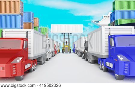Tractor And Trailer Or Semi Truck With Shipping Container For Import Export, Stick Man Drive Forklif