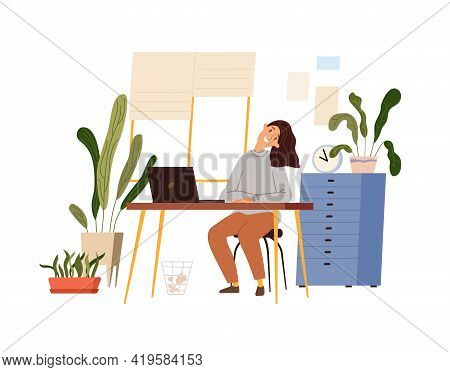 Woman Doing Warm-up At The Workplace, Vector Flat Illustration Isolated. Girl Practicing Workout In 
