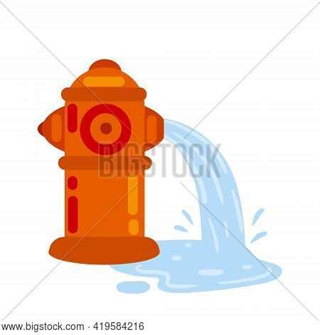 Fire Hydrant. Flat Cartoon Illustration. Red Icon Of Fire Fighting Tool. Jet Of Water. Leak And Pudd