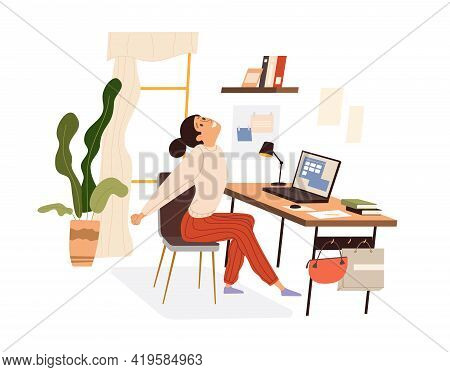 Woman Doing Warm-up At The Workplace, Vector Flat Illustration Isolated. Girl Practicing Workout In 