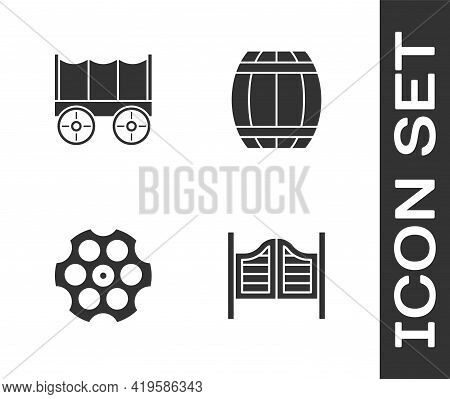 Set Saloon Door, Wild West Covered Wagon, Revolver Cylinder And Gun Powder Barrel Icon. Vector