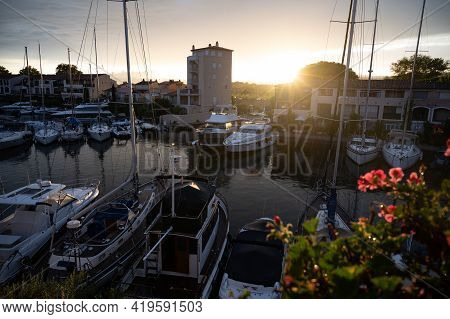 Travel And Vacation Destination, View On Houses, Roofs, Canals And Boats In Port Grimaud, Var, Prove