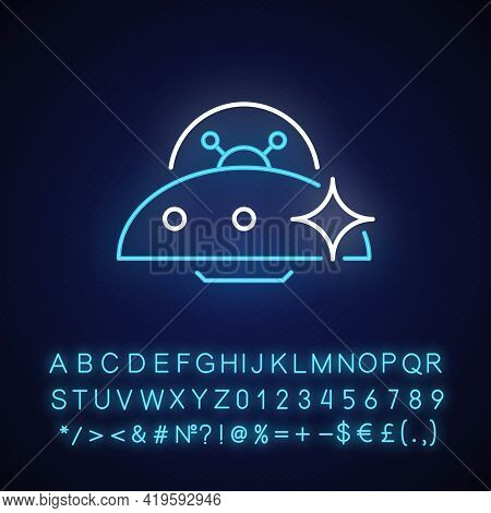 Ufo Neon Light Icon. Unidentified Flying Object. Alien Ivasion. High Tech Technologies. Outer Glowin