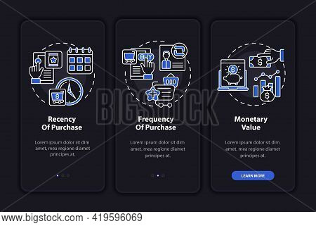 Rfm Model Research Onboarding Mobile App Page Screen With Concepts. Newness, Frequency Walkthrough 3