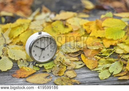 Clock With Fallen Leaves, Autumn Mood. Good Morning. Nature Wakes Up. Change Season. Back To School.