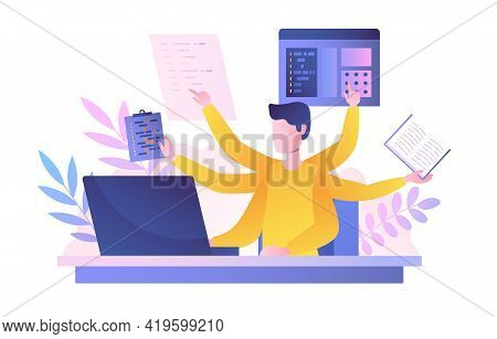 Businessman With Multitasking Skills Sitting At His Laptop And Working. Freelancer Or Office Worker.