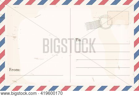 Empty Vintage Postcard Back.  Postage Stamp. Vintage Travel Card Design. Vector Stock