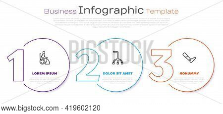 Set Line Woman In Wheelchair, Walking Stick Cane And Prosthesis Leg. Business Infographic Template. 