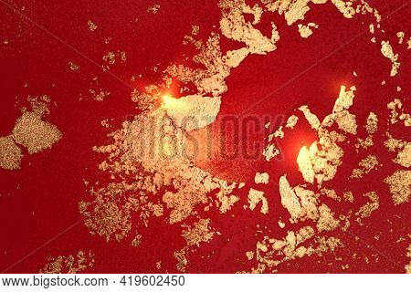 Ruby Red And Gold Pattern With Texture Of Marble And Sparkles