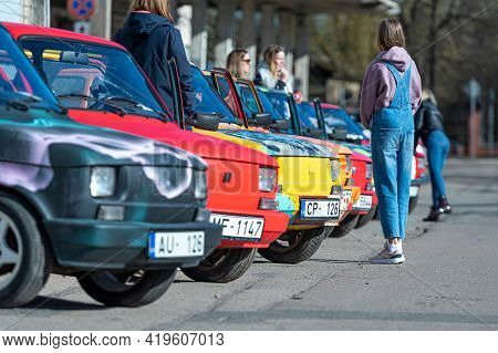 Riga, Latvia - May 01, 2021: Line Of Colorful Stylish Vintage Fiat 126 Pancars Rental Cars, Pancars 