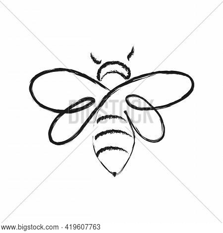 Bee Icon Drawn With A Black Brush Isolated On White. Watch Out For Bee Hives. Apiary For The Product