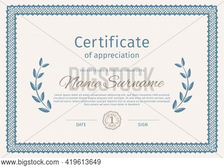 Blue Border Certificat. Business Simple Design. Vector Illustration