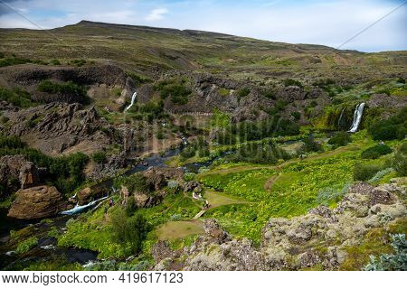 Hjalparfoss; Iceland - July 29, 2017: Scenic Landscape Of Hjalparfoss On The South Of Iceland