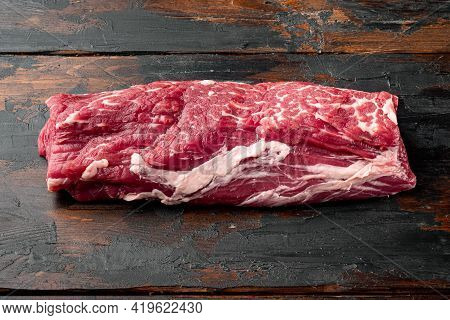 Raw Beef Filet Mignon Steak Cut Set, On Old Dark  Wooden Table Background, With Copy Space For Text