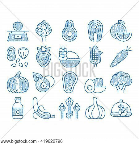Healthy Food Sketch Icon Vector. Hand Drawn Blue Doodle Line Art Vegetable, Fruit And Meat Healthy F