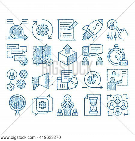 Scrum Agile Elements Sketch Icon Vector. Hand Drawn Blue Doodle Line Art Agile Rocket And Document F