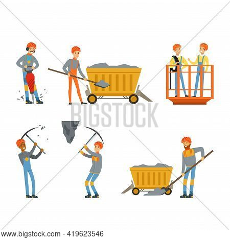 Miner Or Pitman In Hard Hat And Uniform Transporting Coal And Working With Pickaxe At Rock Face Vect