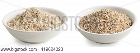 Two In One Picture. Uncooked Porridge Oats In A White Bowl And Oat Flour In A White Bowl Isolated On