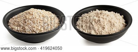 Two In One Picture. Uncooked Porridge Oats In A Black Bowl And Oat Flour In A Black Bowl Isolated On