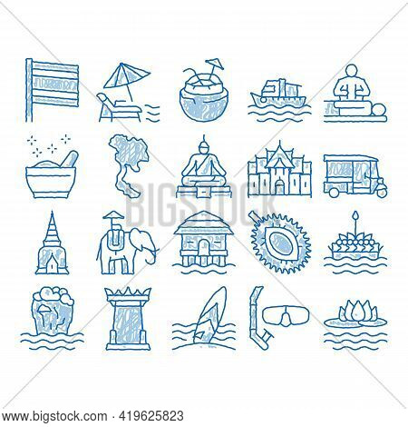 Thailand National Sketch Icon Vector. Hand Drawn Blue Doodle Line Art Thailand On Geography Map And 