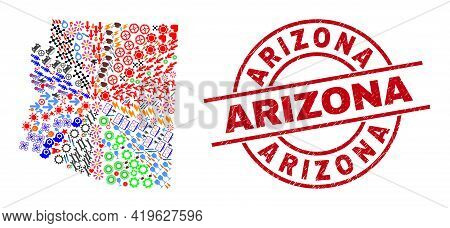 Arizona State Map Collage And Arizona Red Circle Stamp Seal. Arizona Stamp Uses Vector Lines And Arc