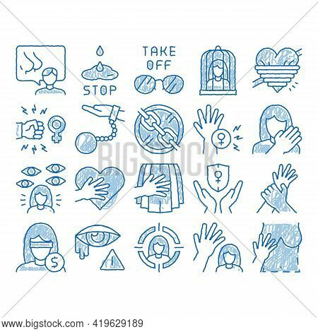 Sexual Harassment Sketch Icon Vector. Hand Drawn Blue Doodle Line Art Victim And Woman Sexual Harass