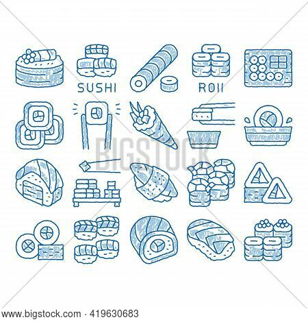 Sushi Roll Asian Dish Sketch Icon Vector. Hand Drawn Blue Doodle Line Art Sushi Roll Set Japanese Tr