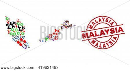 Malaysia Map Collage And Scratched Malaysia Red Round Seal. Malaysia Stamp Uses Vector Lines And Arc
