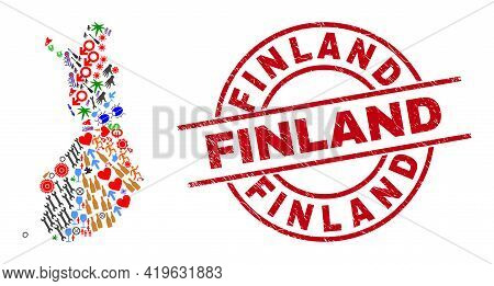 Finland Map Mosaic And Distress Finland Red Round Stamp Seal. Finland Badge Uses Vector Lines And Ar