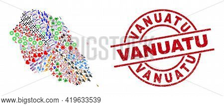 Graciosa Island Map Mosaic And Grunge Vanuatu Red Circle Stamp Seal. Vanuatu Seal Uses Vector Lines 