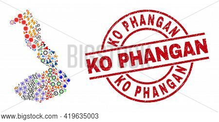 Isabela Island Of Galapagos Map Collage And Unclean Ko Phangan Red Circle Stamp Seal. Ko Phangan Sta