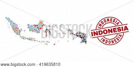 Indonesia Map Mosaic And Grunge Indonesia Red Round Stamp Seal. Indonesia Seal Uses Vector Lines And