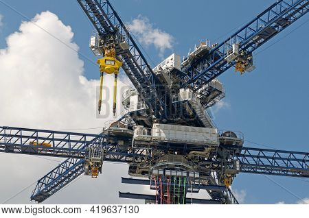 Castione, Switzerland - 26th April 2021 : Closeup Of Energy Vault Crane Tower In Switzerland. Energy