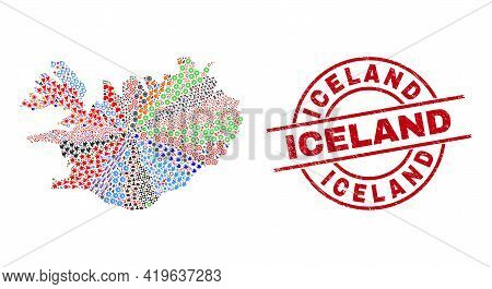 Iceland Map Mosaic And Unclean Iceland Red Circle Stamp Print. Iceland Stamp Uses Vector Lines And A