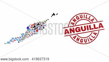 Anguilla Islands Map Mosaic And Unclean Anguilla Red Circle Badge. Anguilla Badge Uses Vector Lines 