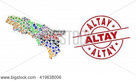 Abkhazia Map Collage And Textured Altay Red Round Stamp Seal. Altay Stamp Uses Vector Lines And Arcs