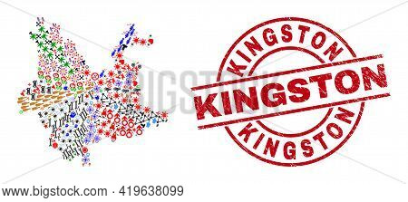 Yunnan Province Map Mosaic And Rubber Kingston Red Round Seal. Kingston Seal Uses Vector Lines And A