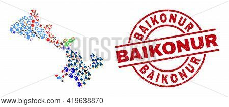 Gansu Province Map Mosaic And Grunge Baikonur Red Round Stamp Seal. Baikonur Stamp Uses Vector Lines