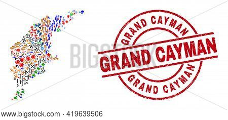 Gotland Island Map Mosaic And Distress Grand Cayman Red Round Badge. Grand Cayman Badge Uses Vector 