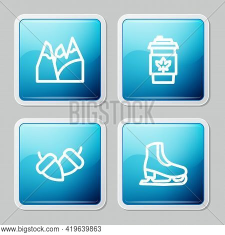 Set Line Mountains, Coffee Cup To Go, Acorn And Skates Icon. Vector