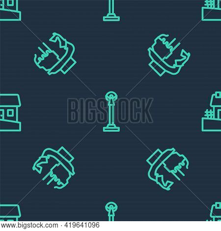 Set Line Monument Of Independence, To Founders Kiev And Ukrainian House On Seamless Pattern. Vector