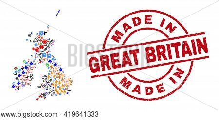 Great Britain And Ireland Map Mosaic And Scratched Made In Great Britain Red Round Stamp Imitation. 