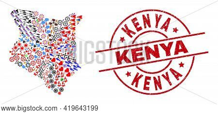 Kenya Map Mosaic And Kenya Red Round Stamp Seal. Kenya Stamp Uses Vector Lines And Arcs. Kenya Map M