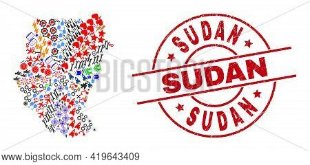 Sudan Map Mosaic And Sudan Red Round Stamp Seal. Sudan Stamp Uses Vector Lines And Arcs. Sudan Map M
