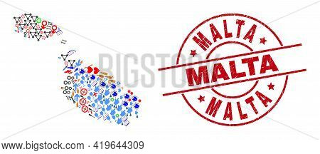 Malta Map Collage And Dirty Malta Red Circle Stamp Seal. Malta Stamp Uses Vector Lines And Arcs. Mal