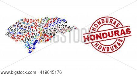 Honduras Map Mosaic And Unclean Honduras Red Circle Stamp. Honduras Seal Uses Vector Lines And Arcs.