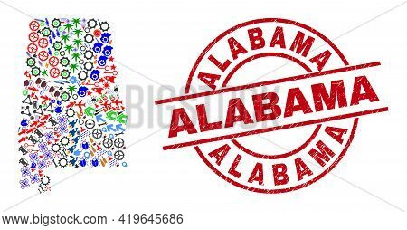 Alabama State Map Mosaic And Alabama Red Round Stamp Print. Alabama Stamp Uses Vector Lines And Arcs