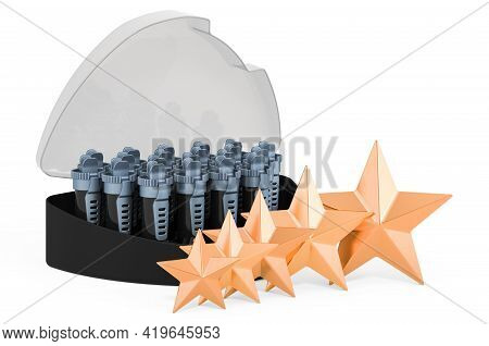 Rating Of Hot Rollers Concept. Compact Hot Rollers With Five Golden Stars, 3d Rendering Isolated On 