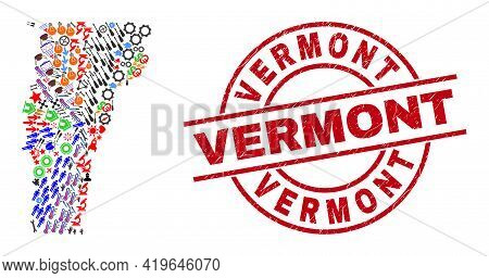 Vermont State Map Collage And Dirty Vermont Red Round Seal. Vermont Seal Uses Vector Lines And Arcs.