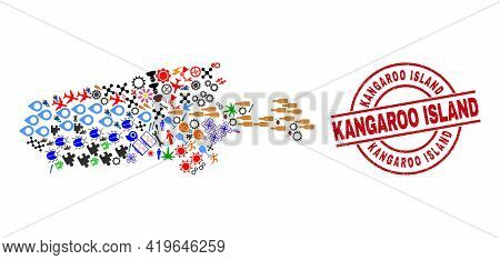 Kangaroo Island Map Mosaic And Unclean Kangaroo Island Red Circle Stamp Seal. Kangaroo Island Seal U
